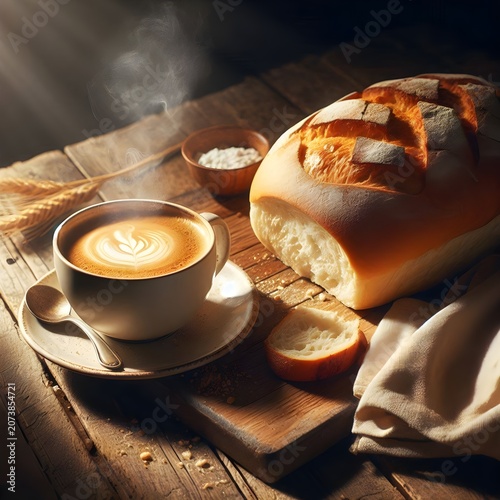 A cozy coffee cup with latte art bread and wheat on a wooden table.