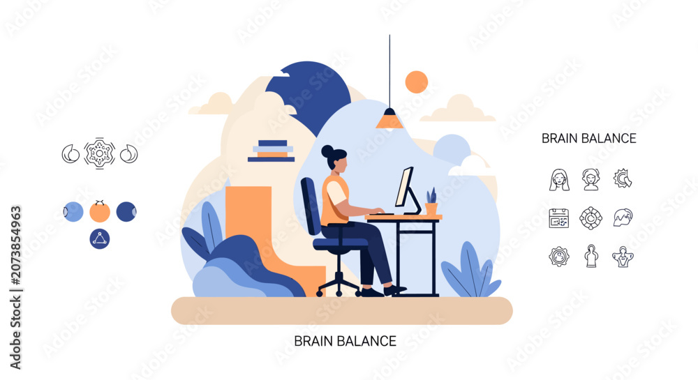 Fototapeta premium Brain Balance Concept Illustration: Woman Working at Desk with Mental Health Icons