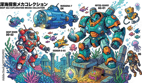 Bilde på lerret Deep Sea Exploration Mecha Collection Vector Set with Submarine Robot Suit Diver