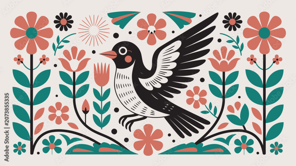 Fototapeta premium Bird flies among stylized flowers in a folk art pattern that creates a vibrant decorative scene.