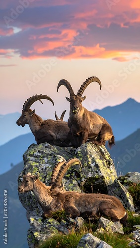 Mountain goats on rocky cliff edge.