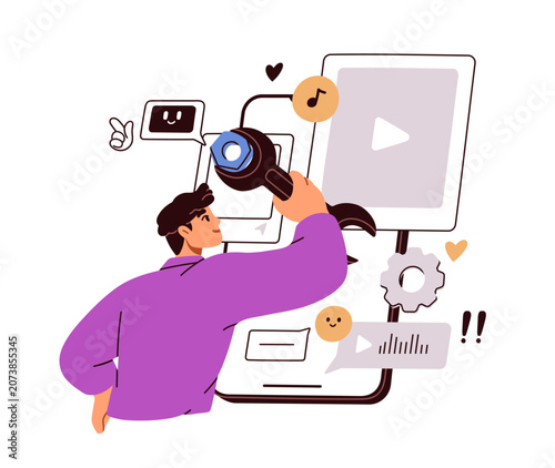 SMM manager setting up, configuring social media. Developer with analytics an...