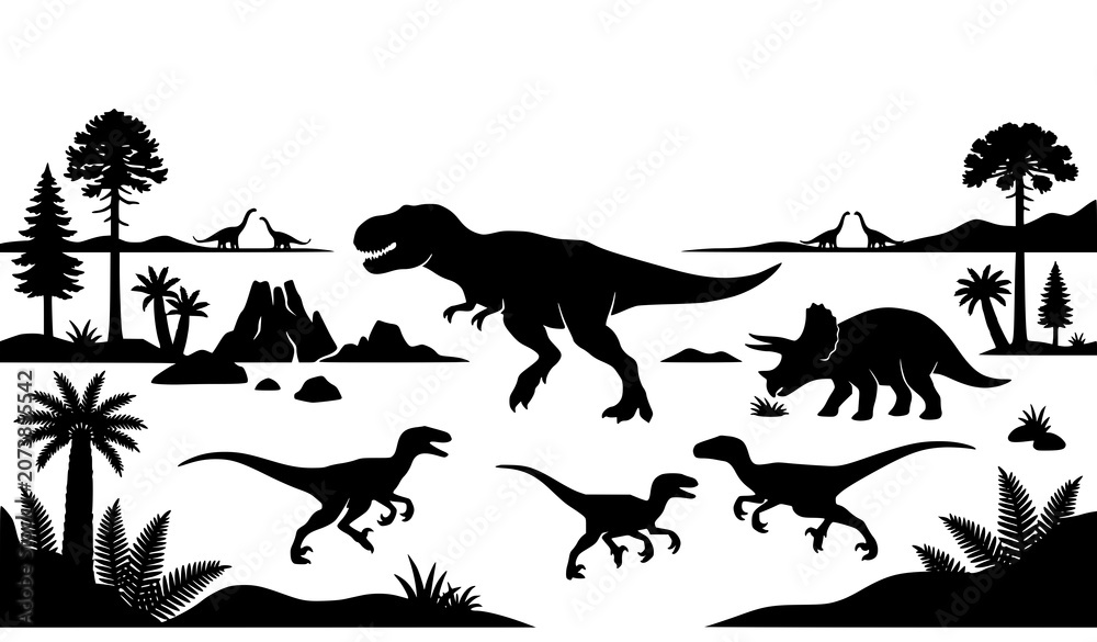 Naklejka premium Jurassic dinosaur silhouette landscape vector with Tyrannosaurus Triceratops raptors prehistoric forest panorama isolated on white background