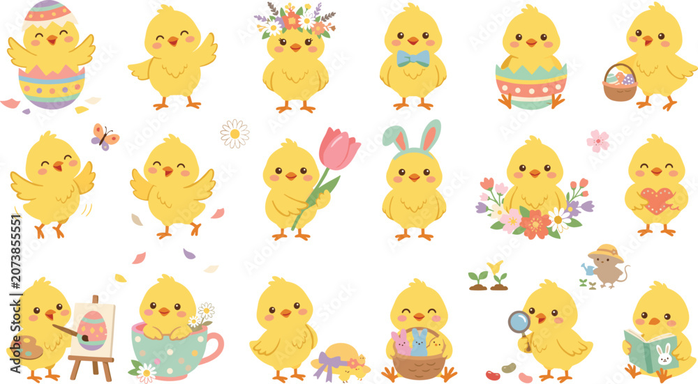 Fototapeta premium Cute Easter Chick Vector Character Set with Holiday Eggs Flowers and Bunny Ears for Spring Season Greeting Cards Stickers and Graphic Designs