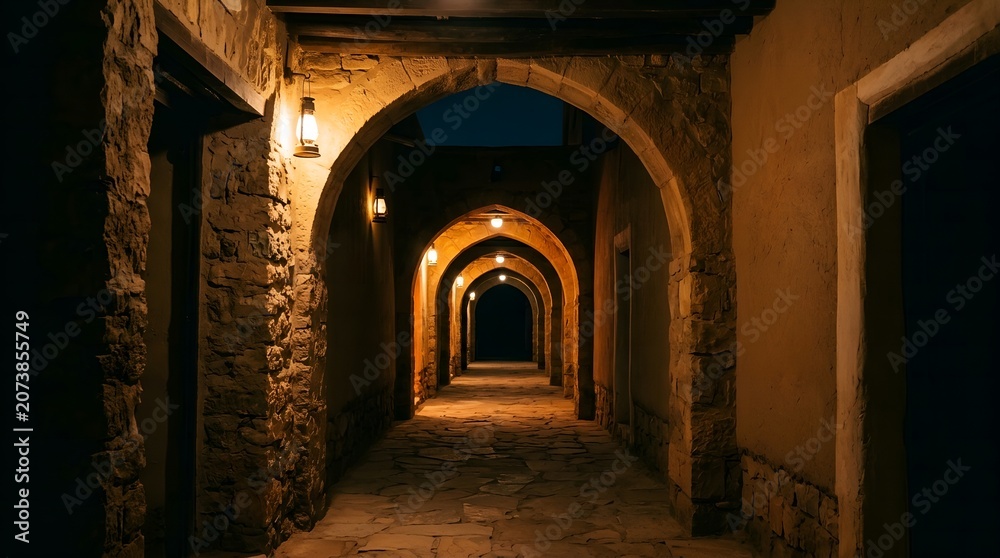Fototapeta premium Empty Illuminated Archways Leading into Darkness Within Historical Riyadh Palace or Fortress in Dramatic Low Light