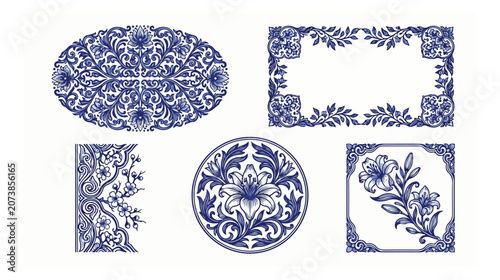 Vintage blue floral porcelain patterns, set of 5 decorative ceramic style vector frames, traditional oriental flower borders and ornaments isolated on White Background