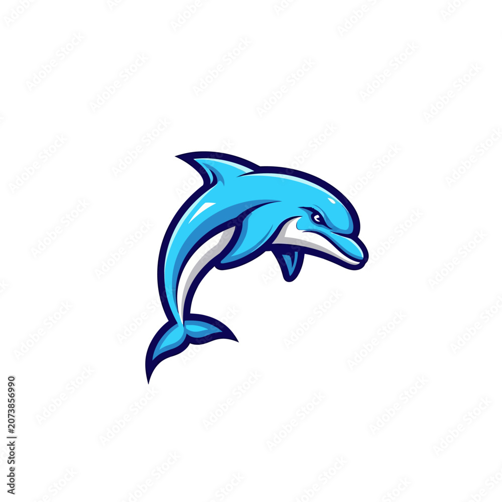 Fototapeta premium Stylized blue dolphin mascot vector illustration isolated on white background.
