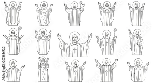 Collection of fifteen line art illustrations depicting saints and clergy figures in prayer.