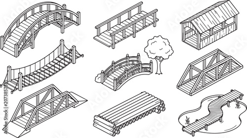 Set of isometric bridge illustrations featuring various architectural designs for landscape architecture and park planning vector icons