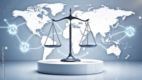 Scales of justice on pedestal with world map representing international law and global legal network
