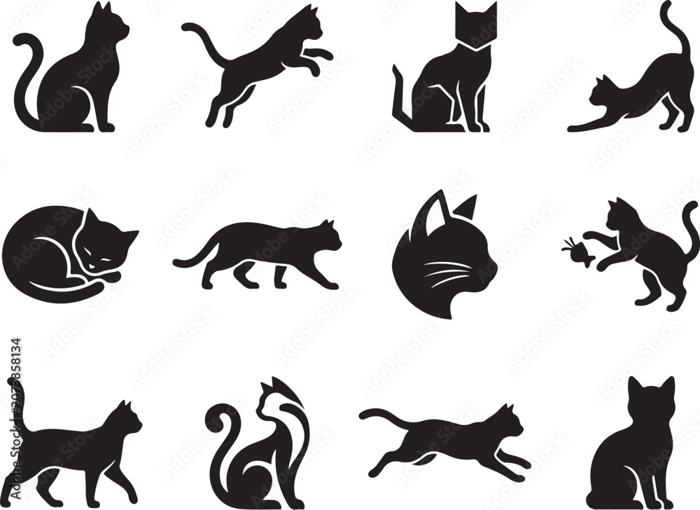 Fototapeta premium Black cat silhouettes, feline icons, cat shapes, vector illustrations, animal designs