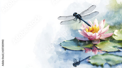 Serene scene featuring dragonfly perched on pink water lily, surrounded by green lily pads and reflecting in calm water