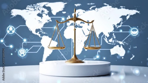 Gold Scales of Justice on a Pedestal Before a Global Digital Network Map Representing International Law and Universal Legal Systems