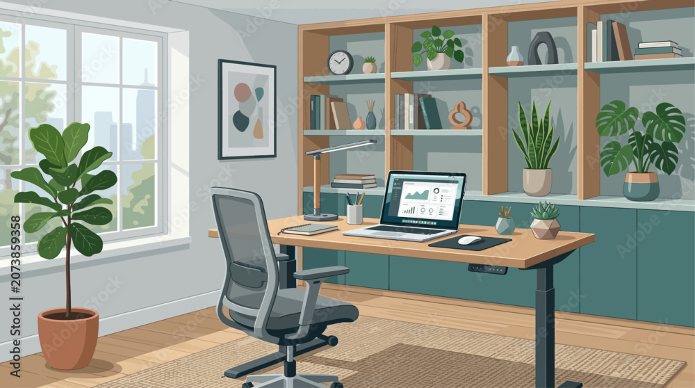 Fototapeta premium A modern home office with a desk, chair, laptop, and plants on a wooden floor, near a window with a city view.