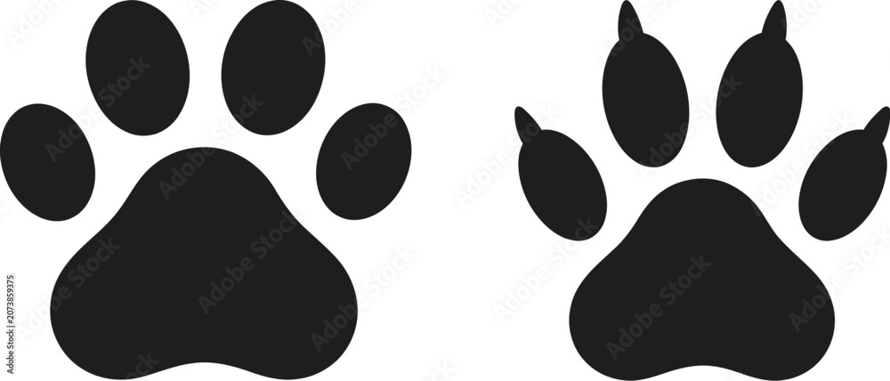 Fototapeta premium Black silhouette of cat and dog paw prints on white background for pet or animal design