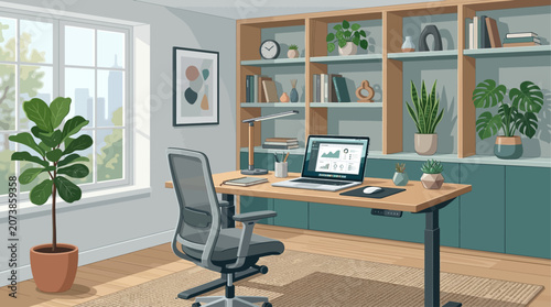 A modern home office with a desk, chair, laptop, and plants on a wooden floor, near a window with a city view.