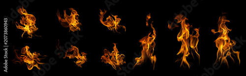 Canvas-taulu Collection of realistic fire flames isolated on black background, featuring blazing fire, burning flame elements, heat, energy, explosion effects, and transparent overlay design for creative projects