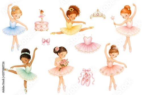 Watercolor cute little ballerina girls clipart set with ballet shoes, tutu and dress