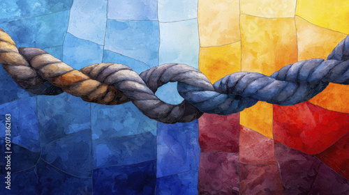 Colorful abstract background featuring intertwined ropes shades of blue, orange, and red, creating vibrant and dynamic visual