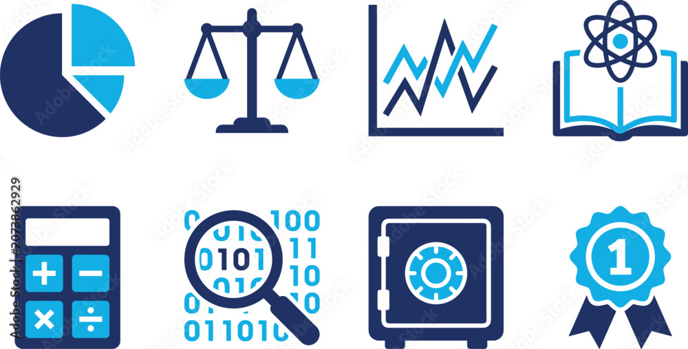 Fototapeta premium Data Analysis and Science Icons Set Featuring Charts, Mathematics, Binary Code, Finance, Knowledge and Achievement Symbols