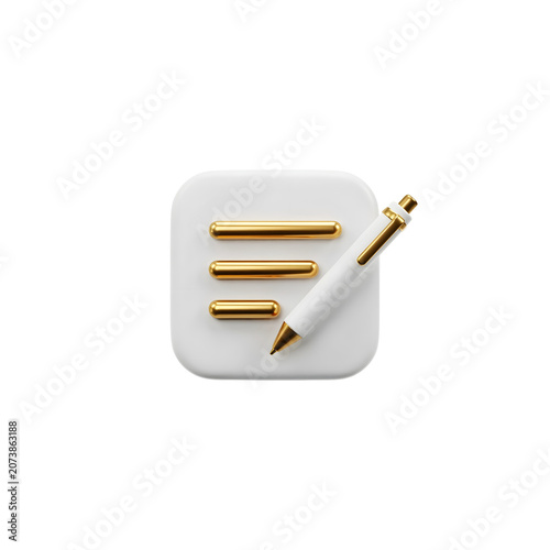 Golden pen and lines on white square icon for editing or writing on black