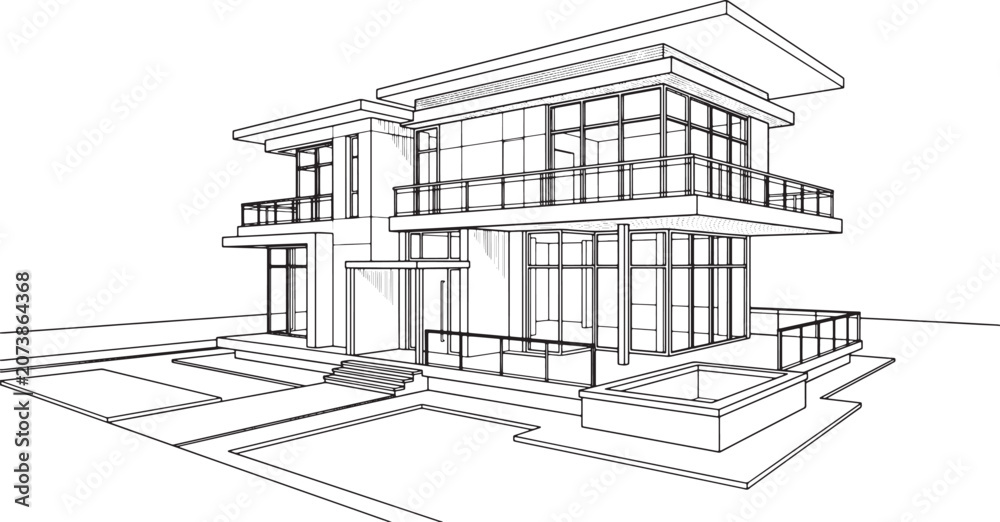 Fototapeta premium Modern two story house architectural sketch with glass facade and balcony in a clean line art vector