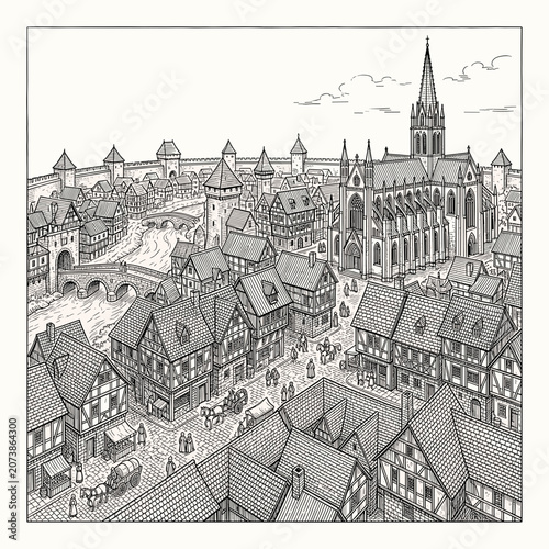 Tableau sur toile Detailed architectural drawing of a historic European city skyline showcasing de