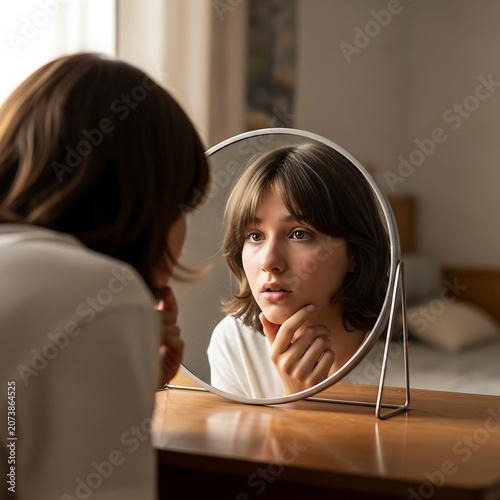 Young woman examines her face in a round mirror, concerned
