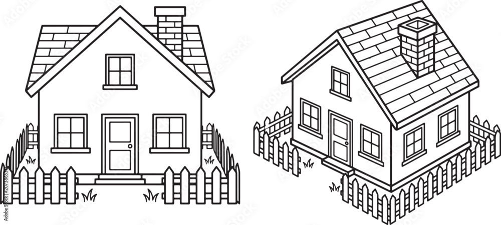 Obraz premium Set of two simple house illustrations with picket fences in front and isometric perspective line art style