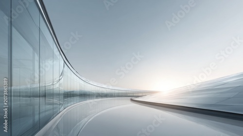 Sweeping transparent glass structures curving across minimalist landscape, sunlight creating dramatic reflections and refractions, modern design