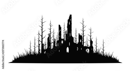 Foto Haunted Ruin Castle Silhouette Illustration Vector Design for Gothic Dark Fantas