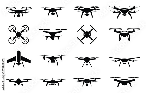 Drone Icons Set – UAV, Quadcopter, and Fixed-Wing Vector Silhouette