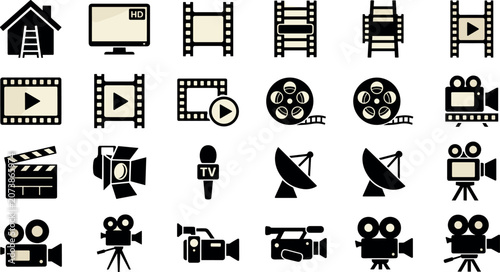 Foto Cinema film production and movie media solid icon set featuring video camera cla