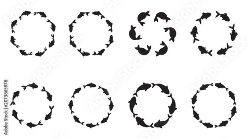 Goldfish Circle Frames Set – Koi Fish Wreaths and Circular Patterns Vector