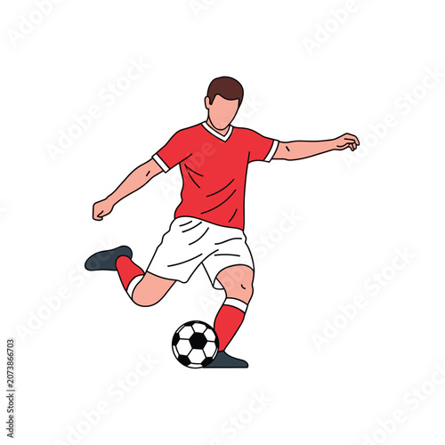 Soccer player dribbling the ball in red and white uniform