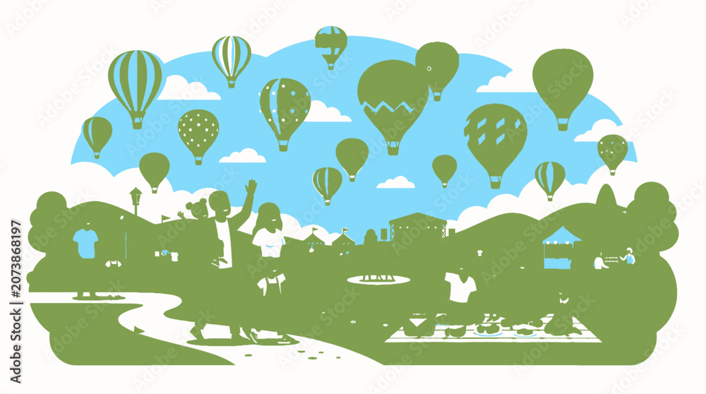Obraz premium Colorful Hot Air Balloons Floating Above Scenic Landscape.