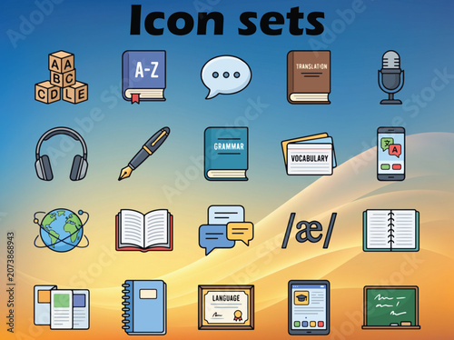 Language Learning Icon Set for Education, Translation, Linguistics and Online Study Course Apps