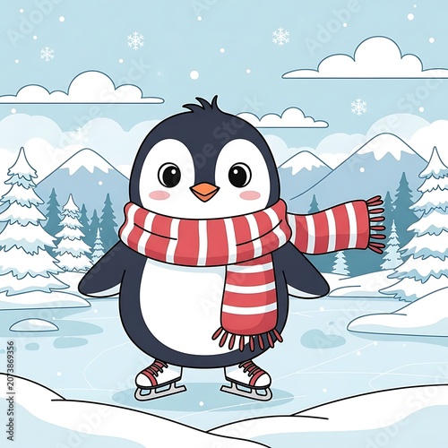 Winter scene with cartoon penguin wearing striped scarf and hat.