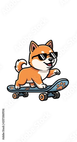 Cartoon dog riding a skateboard with sunglasses.