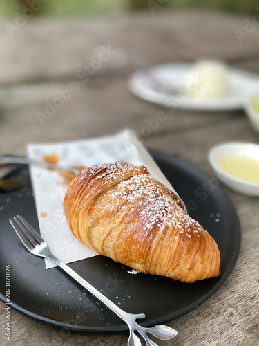 Fresh buttery croissant dusted with powdered sugar, served as a classic French bakery breakfast pastry.