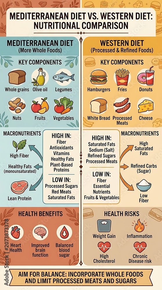 Naklejka premium Comparison of mediterranean and western diet nutritional benefits