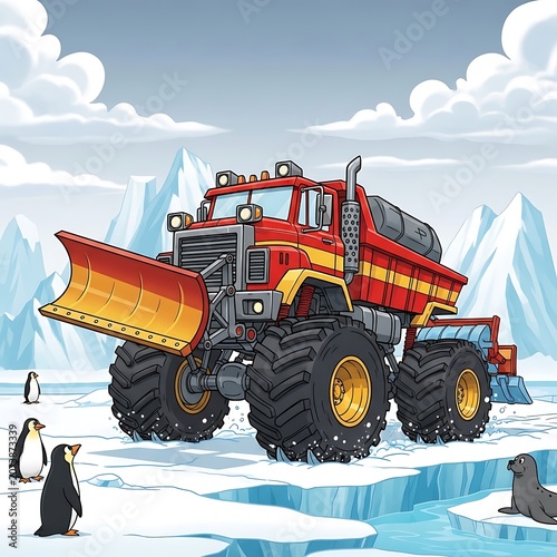 Red construction bulldozer working on snowy mountain slope.