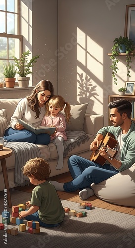 Family enjoying breakfast together at home morning.