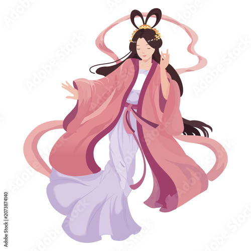 Foto Elegant Flying Chang'e Goddess Flat Vector Illustration in Traditional Chinese Hanfu-01