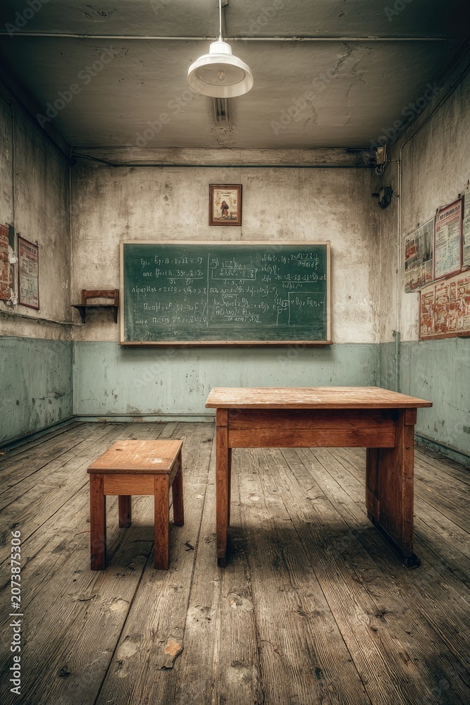Fototapeta premium Rustic Classroom with Wooden Furniture and Chalkboard in Vintage School Setting
