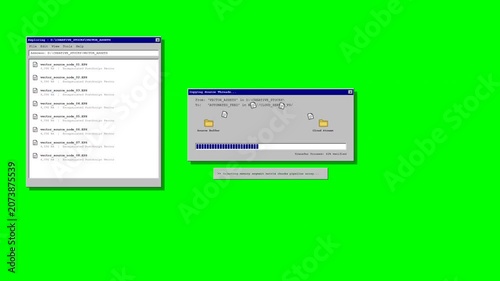 Retro Operating System GUI on Green Screen with Data Processing. Vintage Computer File Transfer and Loading Bar Animation.