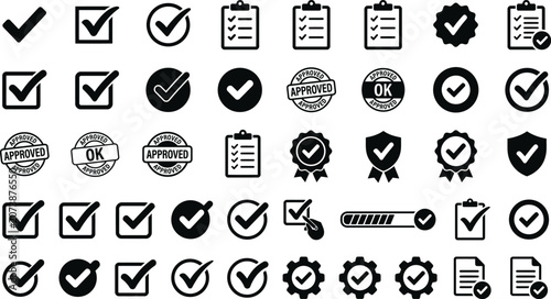 Checkmark And Approval Icons Black Silhouette Collection On White Background