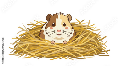 Tableau sur toile Cute brown guinea pig peeking from straw nest.