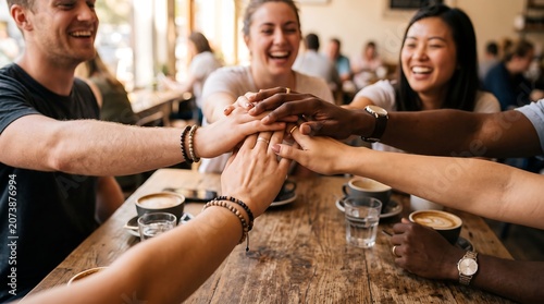 Diverse group of happy friends stacking hands together in unity.