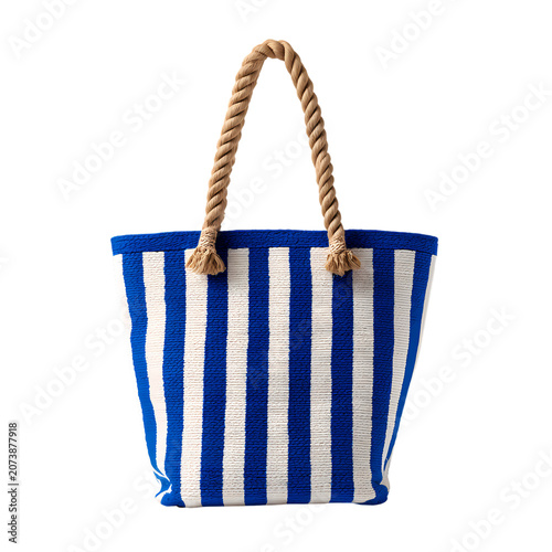 blue and white striped beach tote bag Isolated transparent on white background
